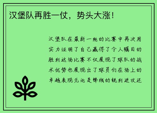 汉堡队再胜一仗，势头大涨！