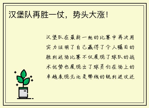 汉堡队再胜一仗，势头大涨！